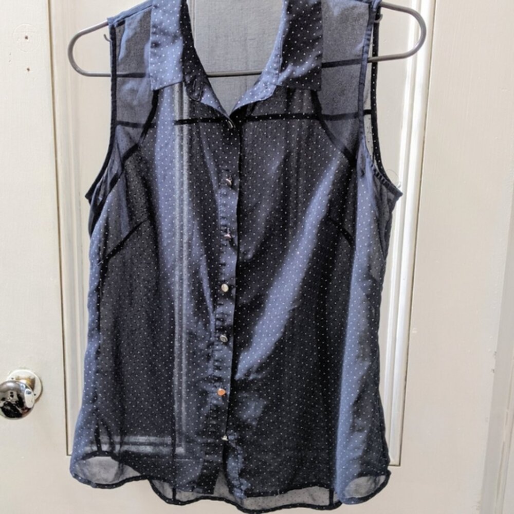 Sheer Navy Blue Button Down Sleeveless Shirt w/ Silver Polka Dots & Pear…